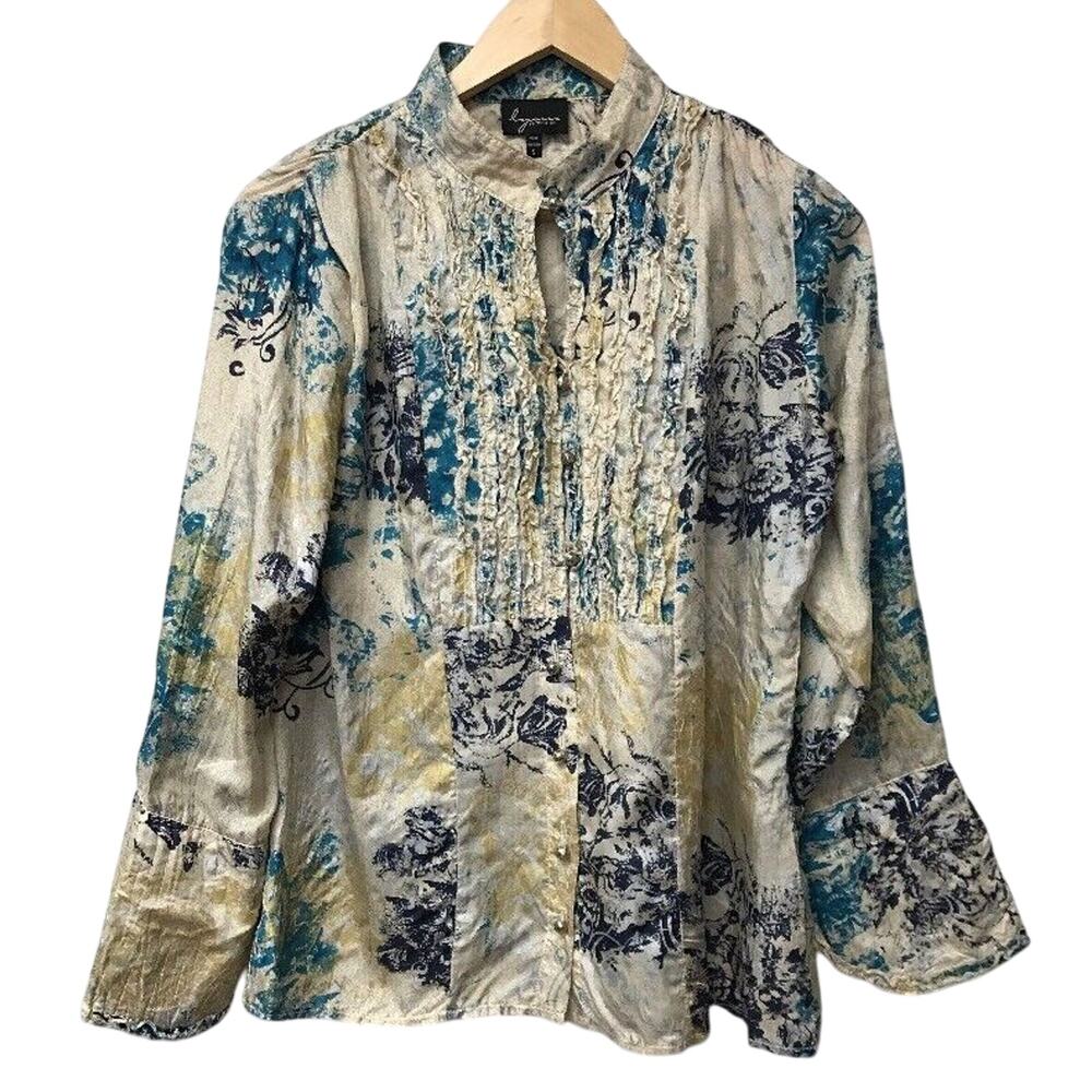 Lynn Ritchie Top Womens Small Silk Beige Gold Blue Gray